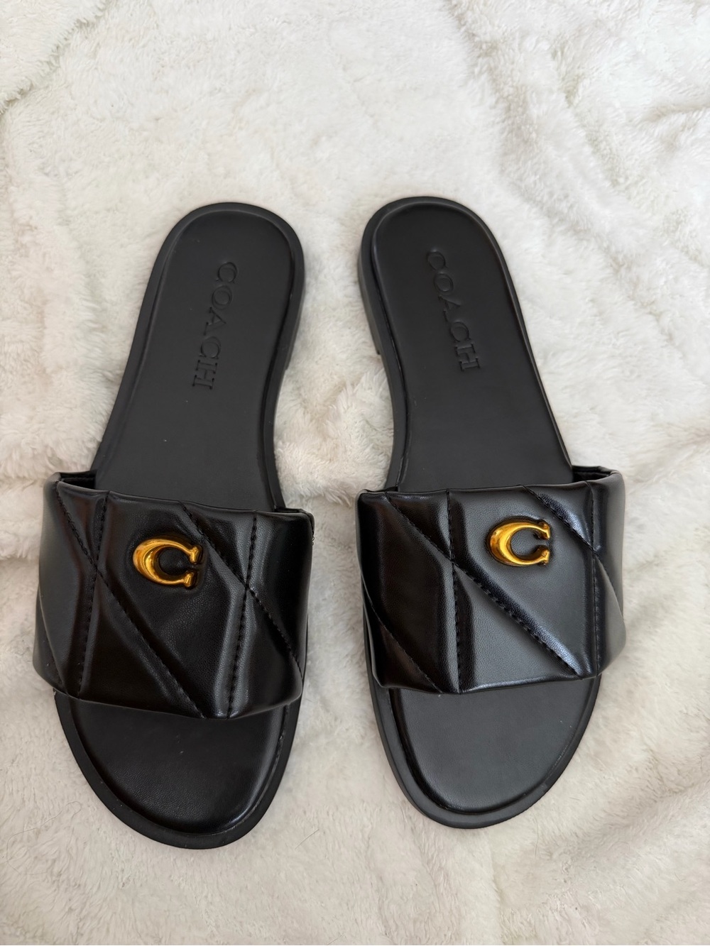 Coach Black Quilted Slide Sandals with Gold 'C' Accent